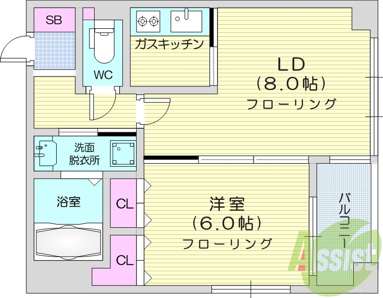 1LDK、バス・トイレ別、システムキッチン、都市ガス。
