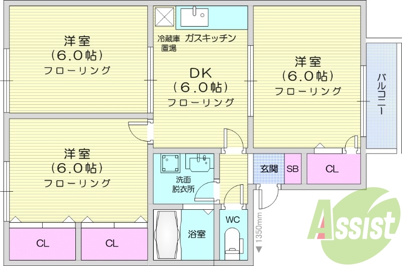 3DK、バストイレ別、洗髪洗面台、追い焚き給湯