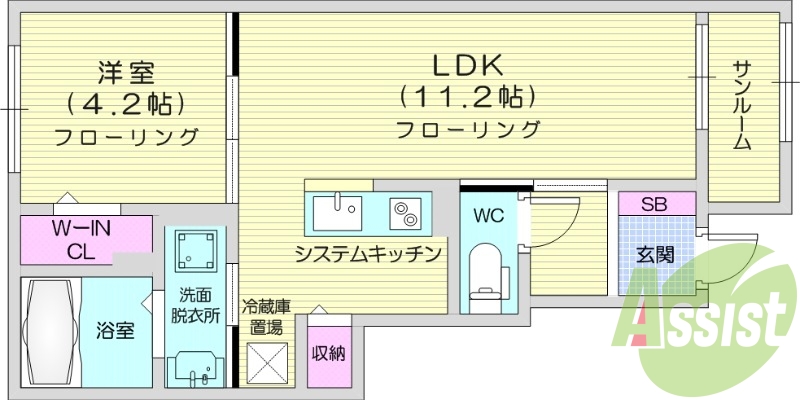 1LDK、ホームセキュリティ、ネット無料、サンルーム。