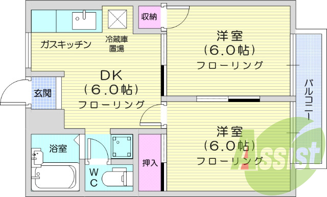 2DK、バストイレ別、モニター付きインターホン、エアコン付