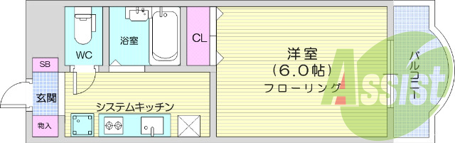 1K、都市ガス、インターネット無料、バス・トイレ別