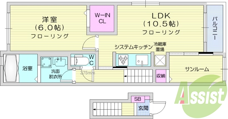 1LDK、エアコン2台、追い焚き、浴室乾燥、サンルーム