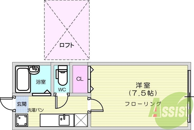 1K、エアコン、室内洗濯機置場、トイレ浴室別、クローゼット