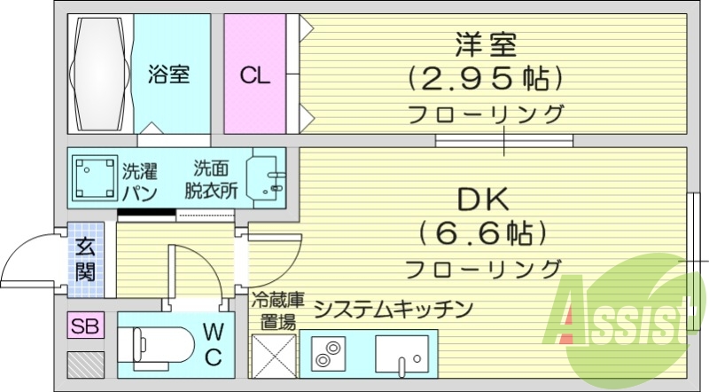 1DK、バストイレ別、エアコン、システムキッチン。