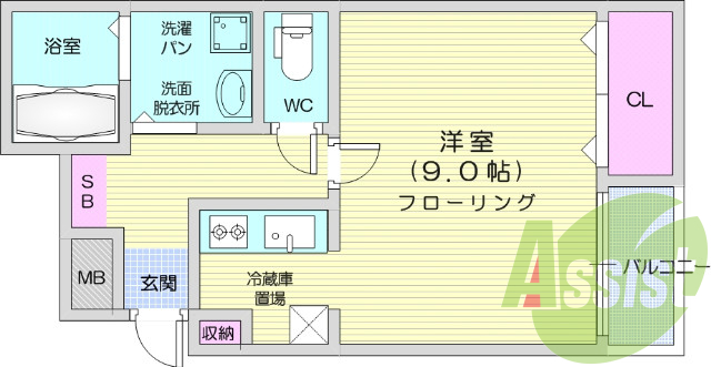 独立洗髪洗面化粧台、バストイレ別、浴室乾燥