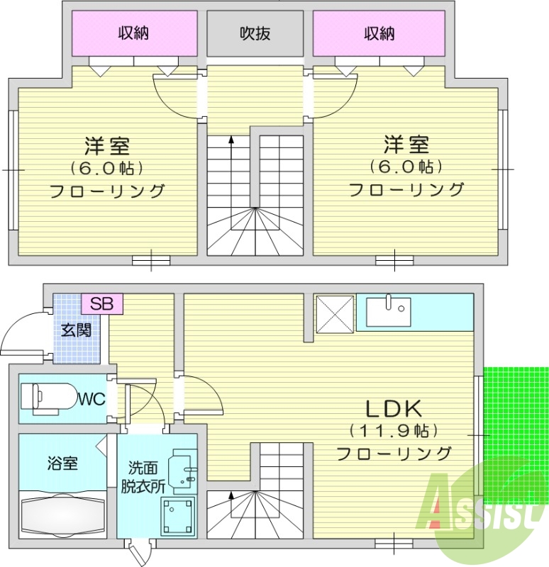 2LDK、メゾネット、浴室乾燥機、シャンプードレッサー