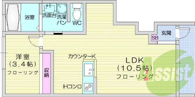 1LDK、南向き、バストイレ別、エアコン付き