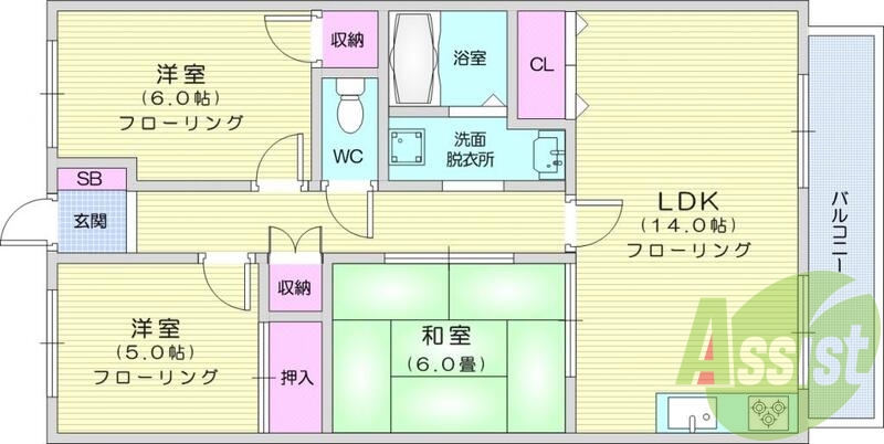 3LDK、B・T別、追い焚き機能、光ファイバー、温水洗浄便座