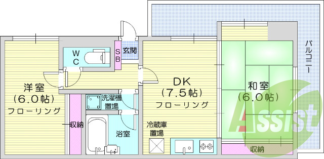 2DK、都市ガス、オートロック、洗面台、エレベーター