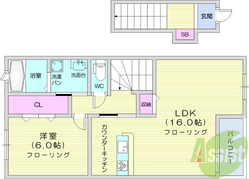 １LDK、エアコン、バストイレ別、追い焚き