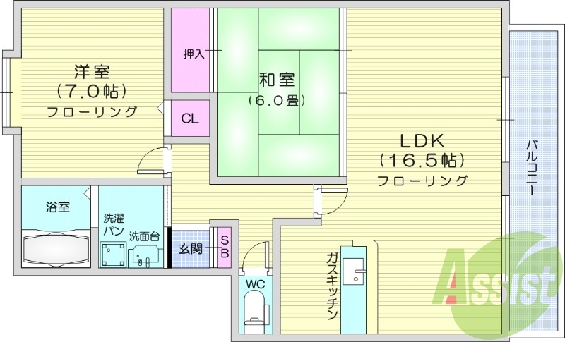 2LDK、バルコニー、和室、カウンターキッチン
