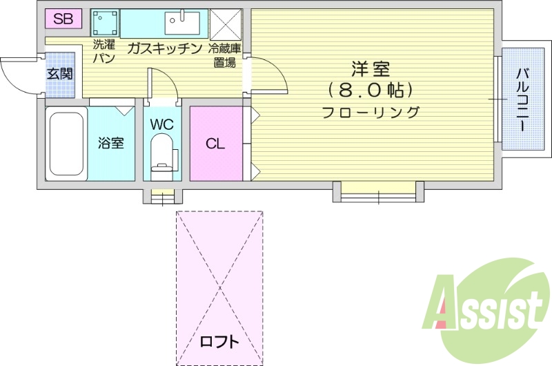 1Ｋ、バストイレ別、ロフト、バルコニー。