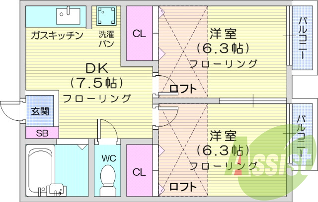 2DK、バストイレ別、室内洗濯機置場、エアコン
