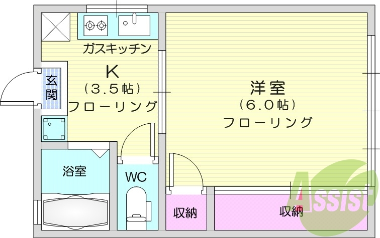 1K、家電４点セット付、物置付き、角部屋、最上階、給湯器