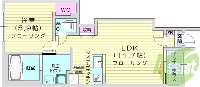 1LDK、インナーテラス、WIC、追い焚き機能、浴室乾燥