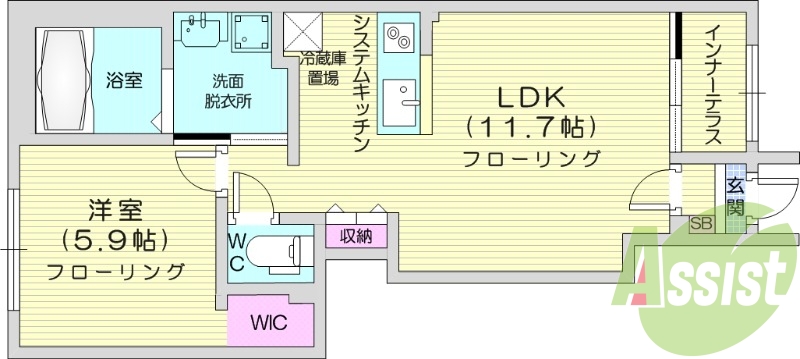1LDK、インナーテラス、浴室乾燥、追い焚き乾燥