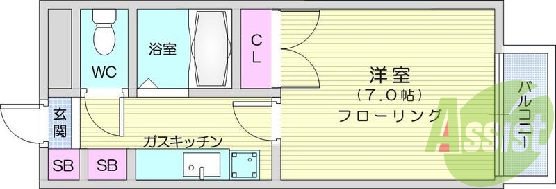 1Ｋ、エアコン、バストイレ別、室内洗濯機置き場、南向き