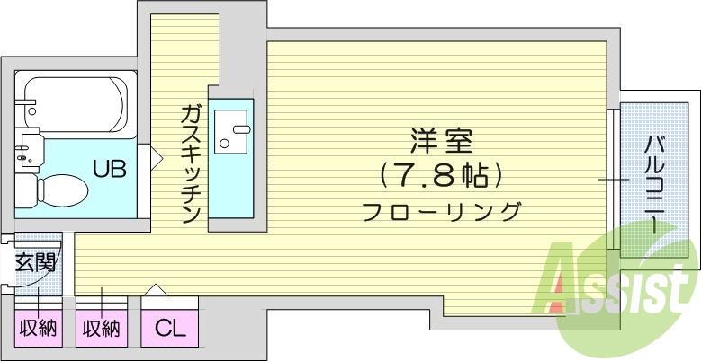 1R、オートロック、都市ガス、フローリング。