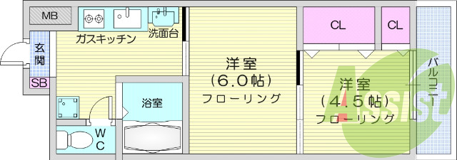 ２K、バス・トイレ別、プロパンガス、クローゼット、エアコン