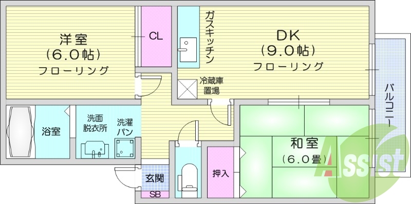2DK、南向き、独立洗面所、ガスコンロ可