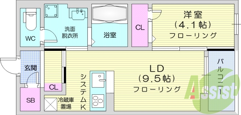 1LDK、システムキッチン、オートロック、温水洗浄暖房便座