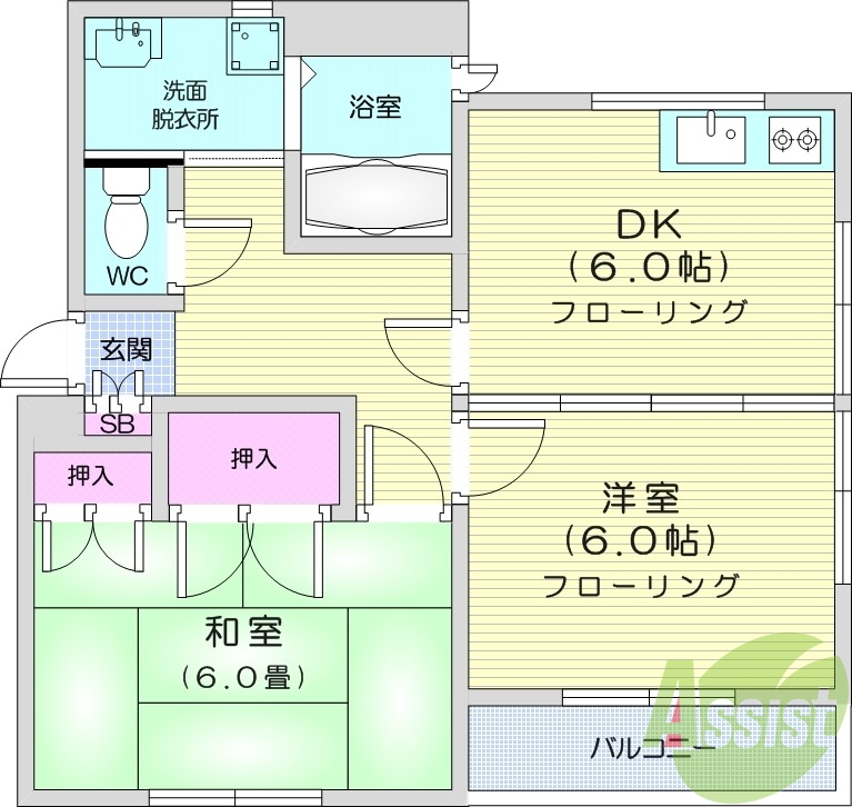2DK、角部屋、南向き、ガスコンロ付き、トランクルーム、