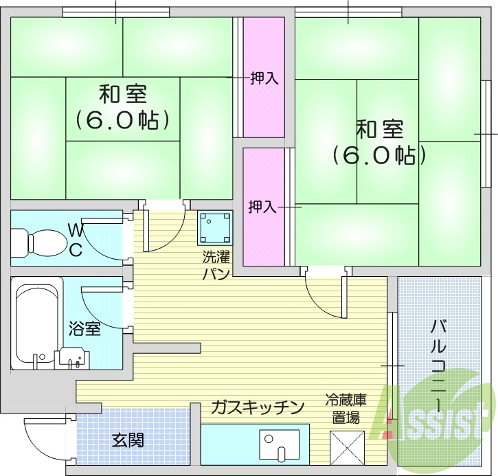 2DK、収納、都市ガス、室内洗濯機置き場、鉄筋コンクリート造