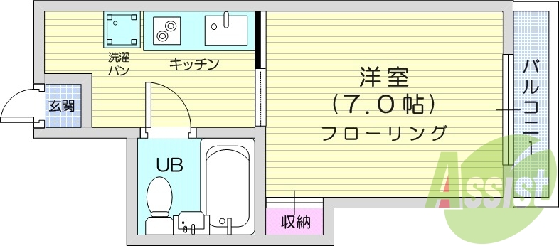 1K、エアコン、室内洗濯機置き場、収納、バルコニー