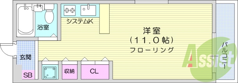 1R、システムキッチン、都市ガス、エアコン