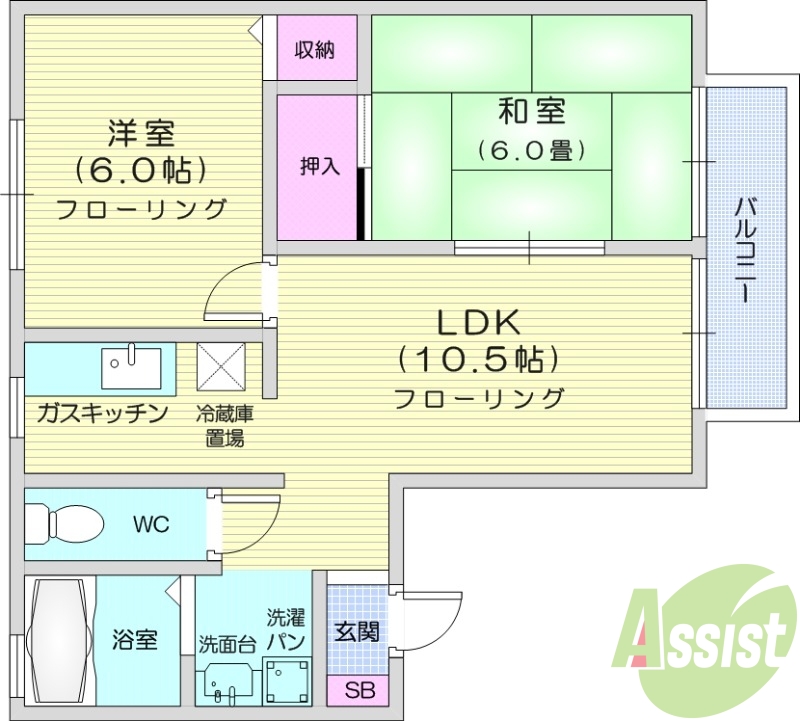 2LDK、南向き、追い焚き機能、エアコン、室内洗濯機置き場