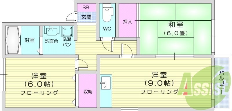 2DK、バス・トイレ別、モニター付きインターホン