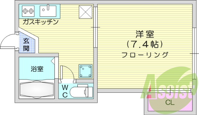 1K、バストイレ別、エアコン、ガスコンロ、給湯機