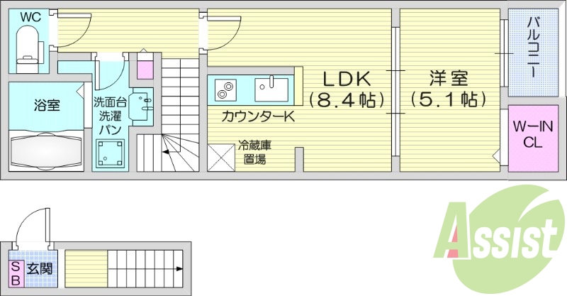1LDK、システムキッチン、都市ガス、ネット利用料無料。