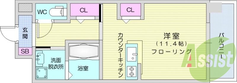 1R、エアコン、バストイレ別、洗面所独立、バルコニー