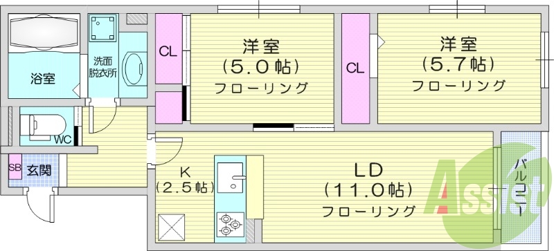 2LDK、エアコン、オートロック、浴室乾燥機