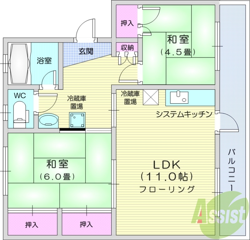 2LDK、追い焚き、暖房便座、冷暖房エアコン、バス・トイレ別