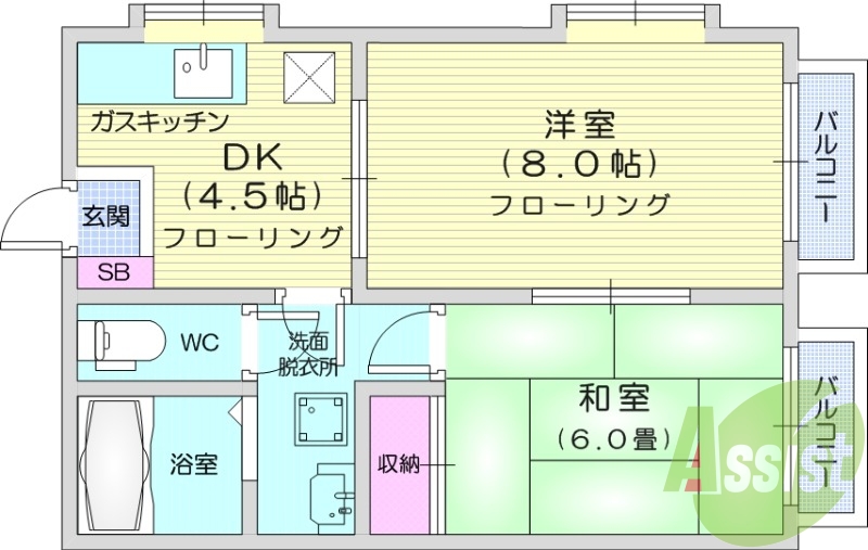 2DK、浴室乾燥機、空気清浄機、エアコン。