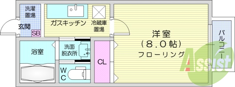 1K、浴室乾燥機、空気清浄機、エアコン。