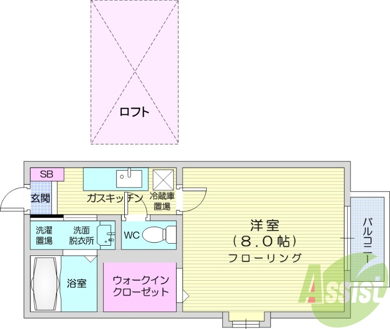 1K、浴室乾燥機、フローリング、エアコン。