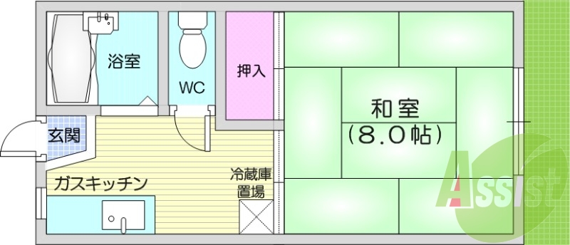 1K、バストイレ別、和室、室内洗濯機置場、エアコン