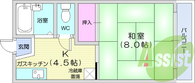 1K、プロパンガス、バルコニー、南向き、給湯