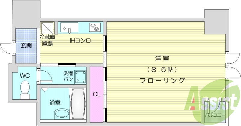 1K 西向き、バストイレ別、浴室乾燥機付き