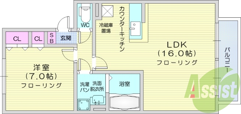 1LDK、南向き、独立洗面台、追い焚き機能、物置、BS