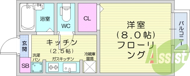 1K、フローリング、エアコン、シューズボックス
