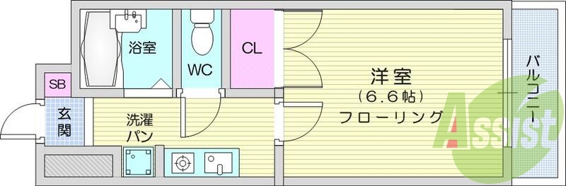１K、バストイレ別、温水機能付き便座、ガスコンロ付き。