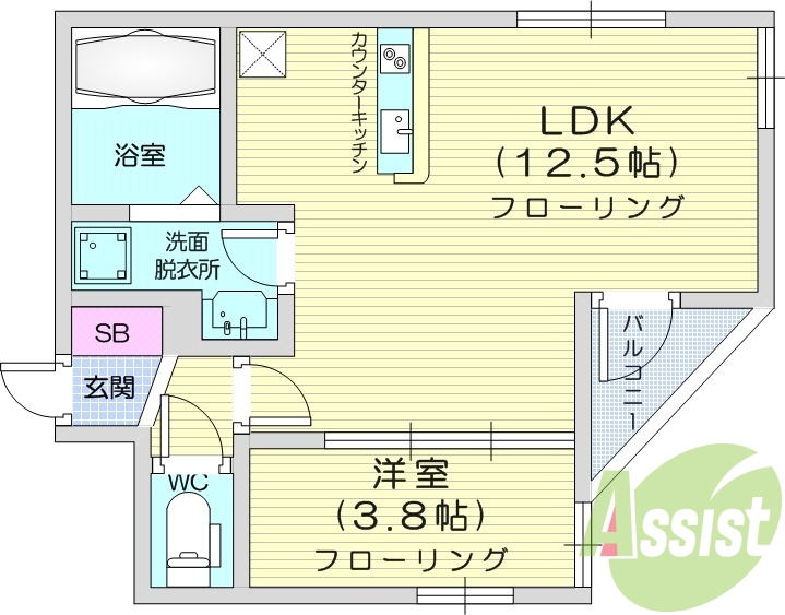 1LDK、浴室乾燥、温水洗浄便座、対面キッチン
