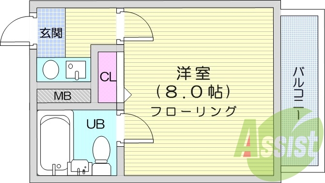 １K、バス・トイレ同室、エアコン、室内洗濯機置場