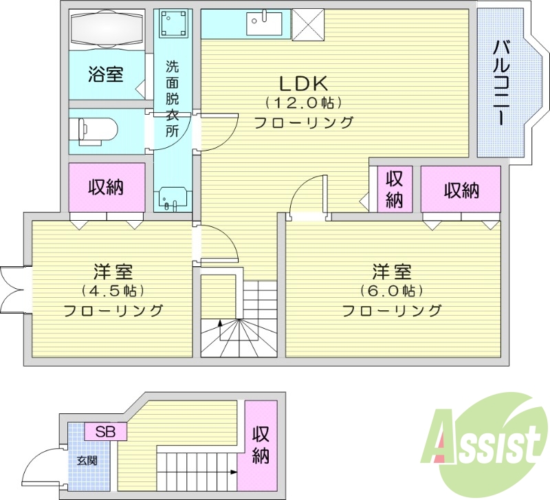 2LDK、フローリング、BS、浴室乾燥機、バストイレ別、給湯