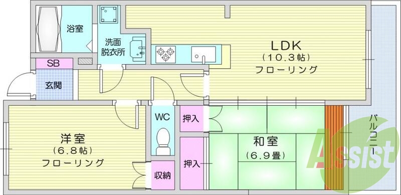 ２LDｋ、オートロック、温水洗浄便座付き、BS端子あり。