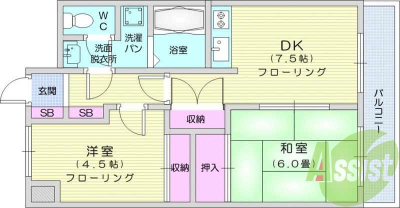 2DK、バストイレ別、角部屋、BS端子付きお二人にオススメ。